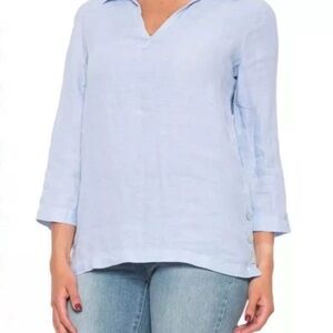 Tahari 100% Linen Blue Tunic Top Small